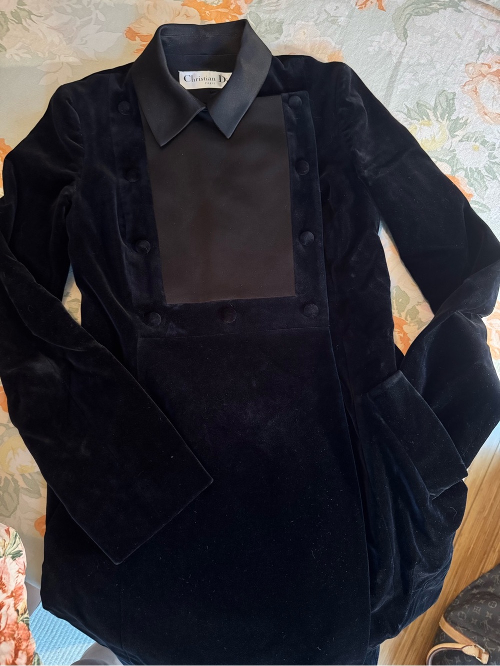 EXTREMELY RARE Dior Black Velvet woman’s Pea Coat with Covered Buttons and silk